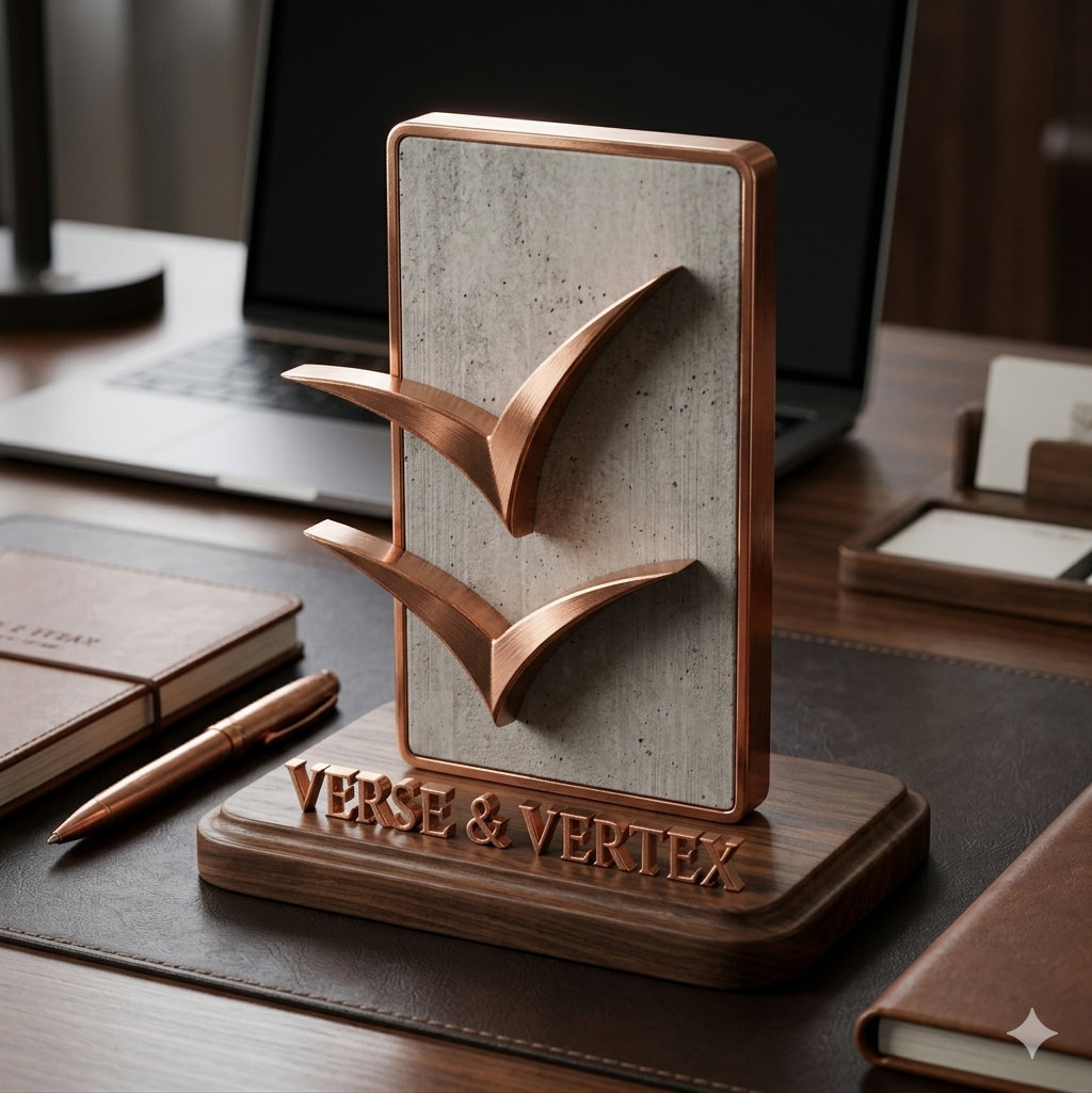 A Verse & Vertex keepsake — two copper birds on a concrete face, mounted on a walnut base engraved with the V&V wordmark
